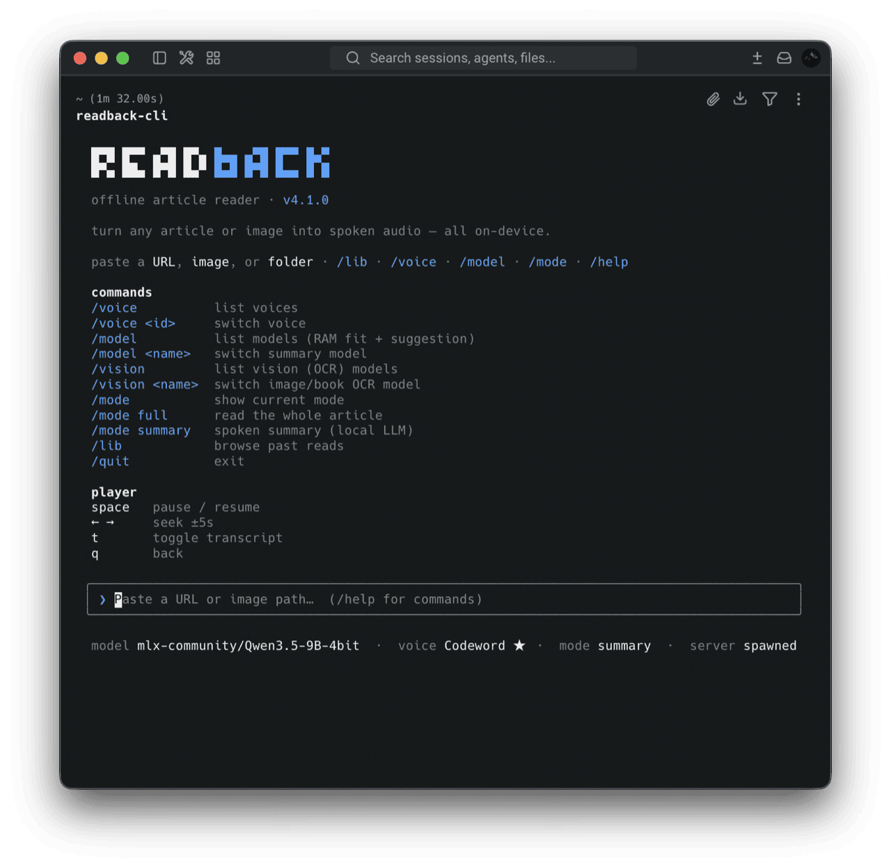 readback CLI help screen with structured command and player key reference