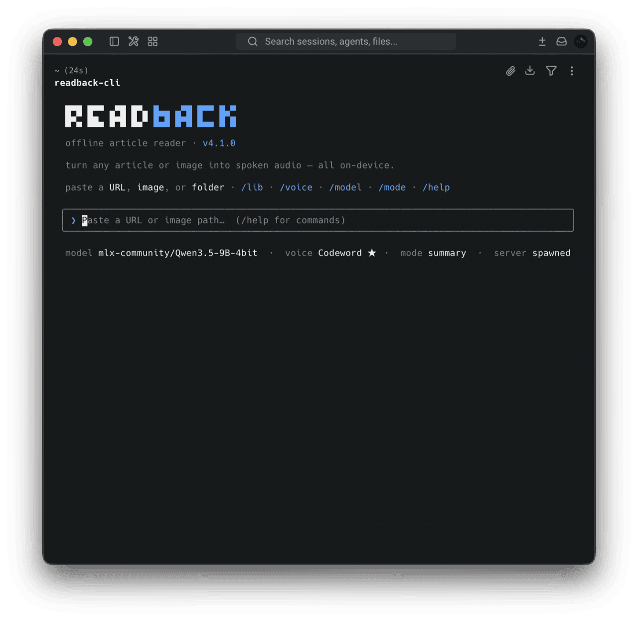 readback CLI home screen: paste a URL, slash commands for voice, mode, and model