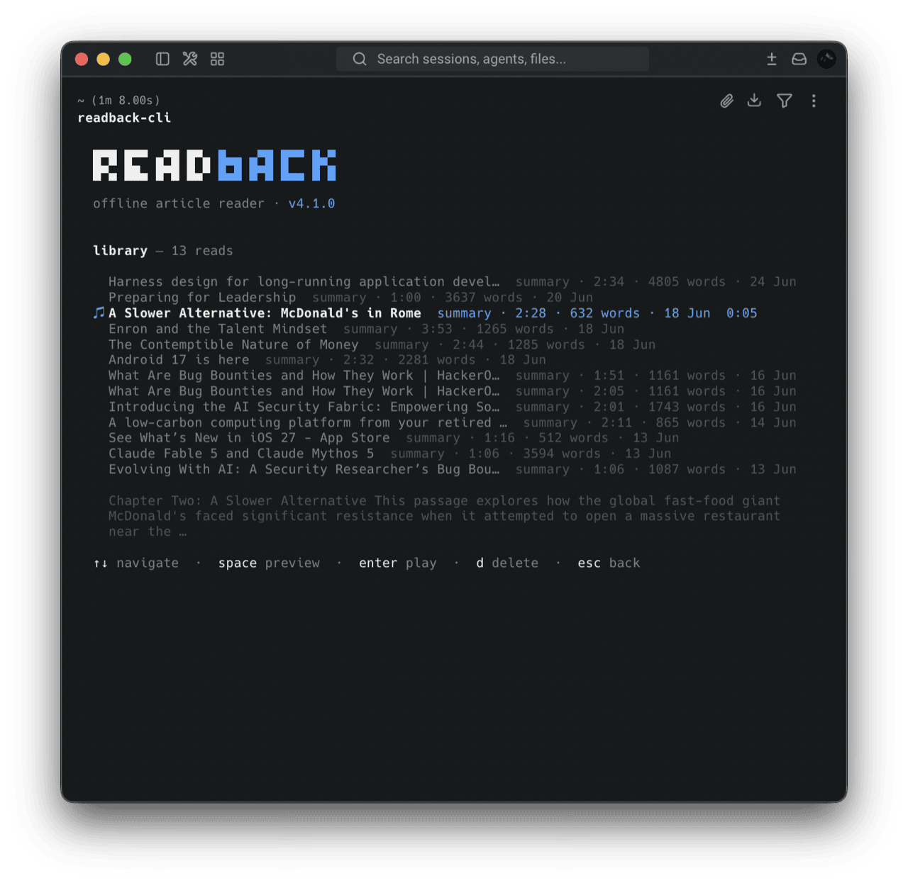 readback CLI library browser with selected-item metadata and summary preview