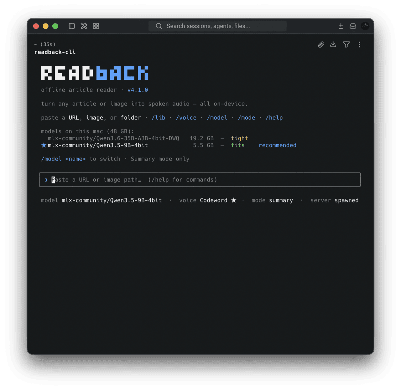 readback CLI /model list: downloaded MLX models with RAM-fit verdicts and a recommendation
