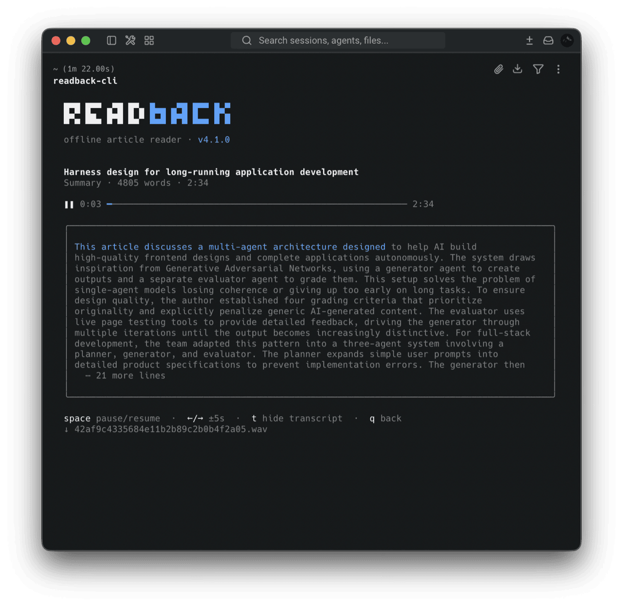 readback CLI mid-read: seekable terminal player with live word-by-word transcript highlighting