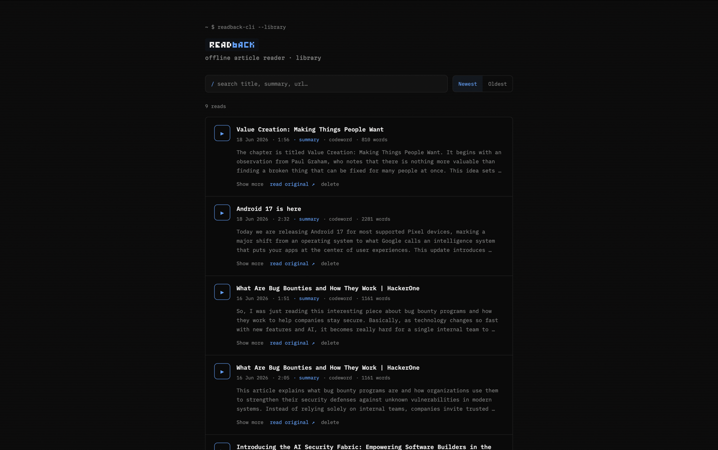 readback web dashboard: a searchable library of past reads with an inline player and word-synced transcript